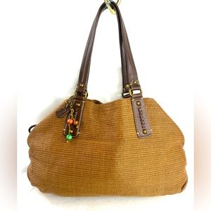 Fossil Brown Woven Fabric Large Shoulder Tote Bag Bag Charms Gathered Sides 2204